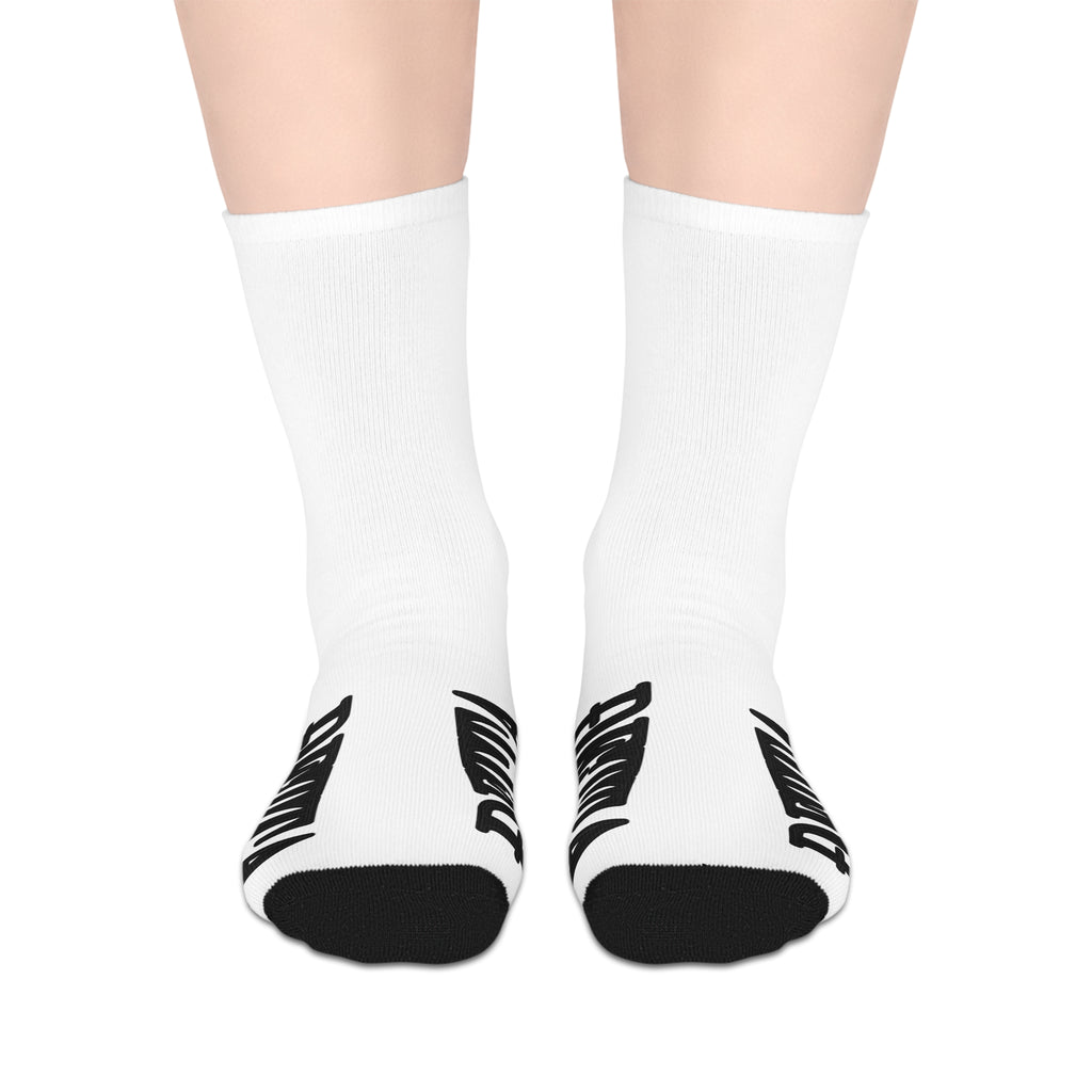 Mid-Length Socks — Bold Black & White Repeating 'DELTA CHI ALTO' Logo Crew Socks
