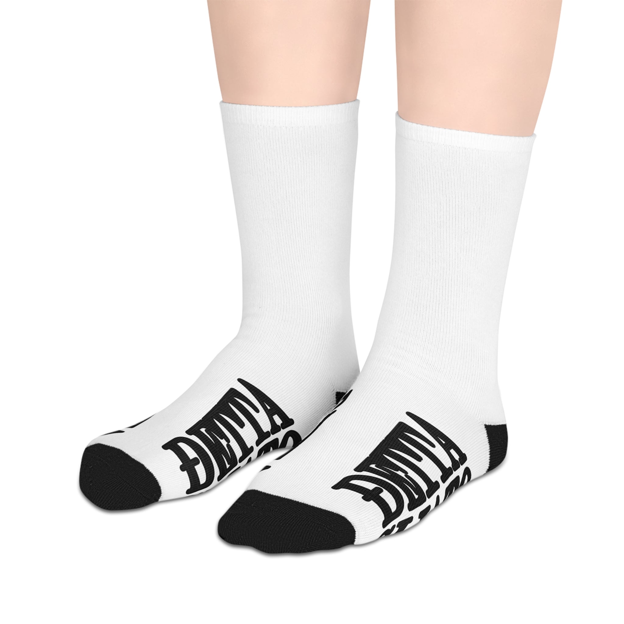 Mid-Length Socks — Bold Black & White Repeating 'DELTA CHI ALTO' Logo Crew Socks