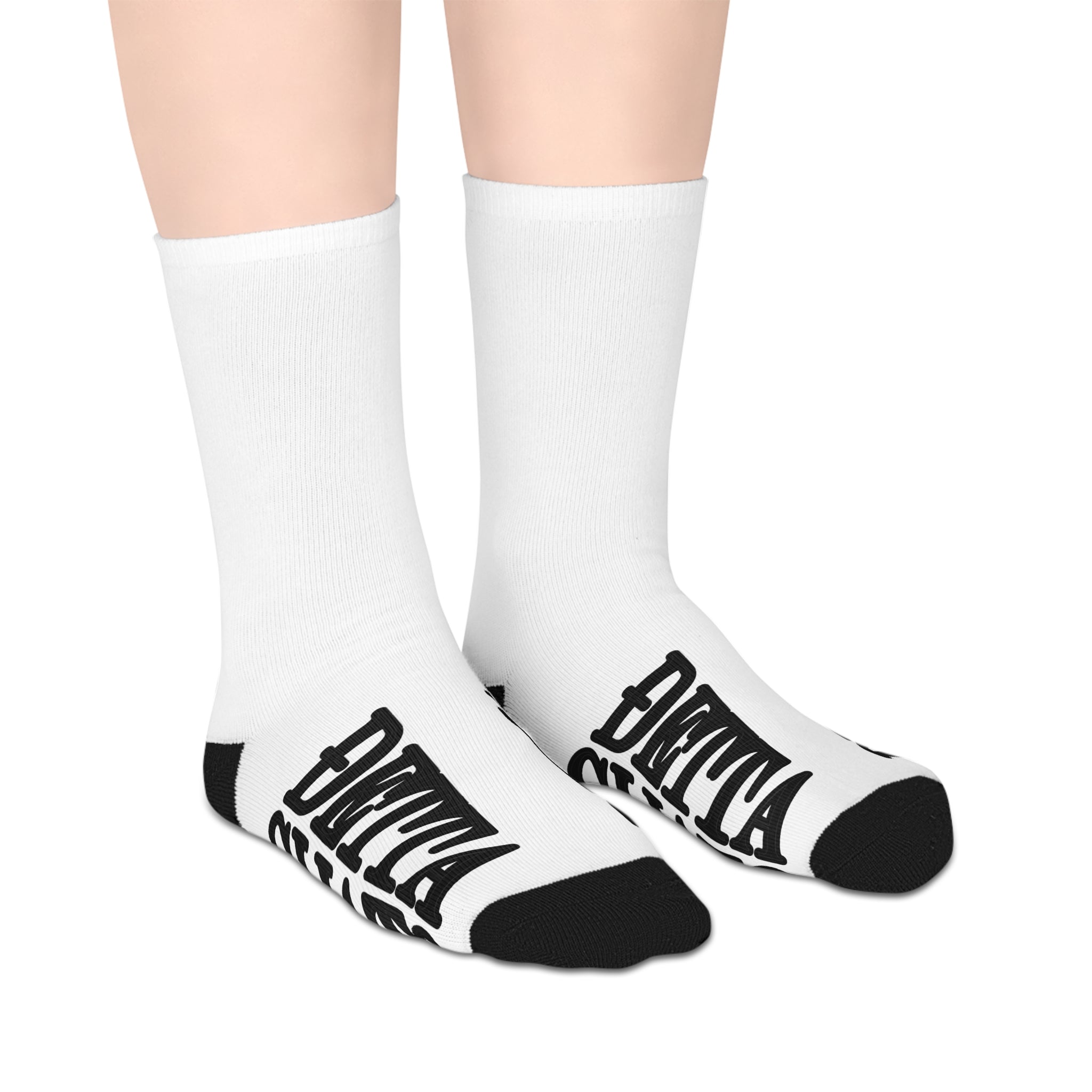 Mid-Length Socks — Bold Black & White Repeating 'DELTA CHI ALTO' Logo Crew Socks