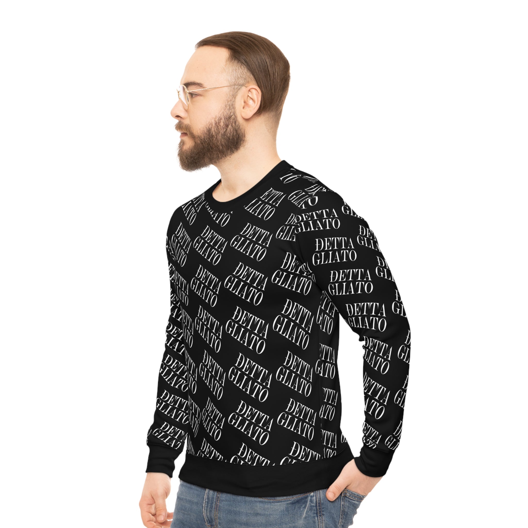 All-Over Print 'Dettagliato' Logo Sweatshirt — Black Repeating Script Lightweight Crewneck